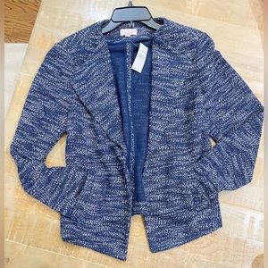 Ann Taylor LOFT navy blue white marbled open drape cardigan blazer jacket